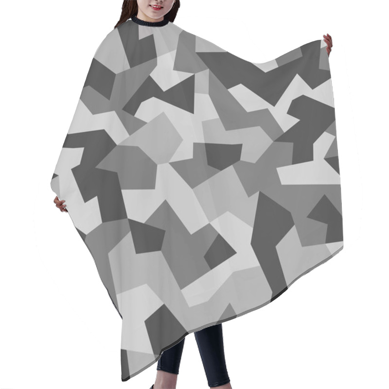 Personality  Camouflage Seamless Urban Pattern. Military Geometric Camo Texture. Army Wallpaper. Print On Fabric On Textiles. Vector Black And Gray Monochrome Background Hair Cutting Cape