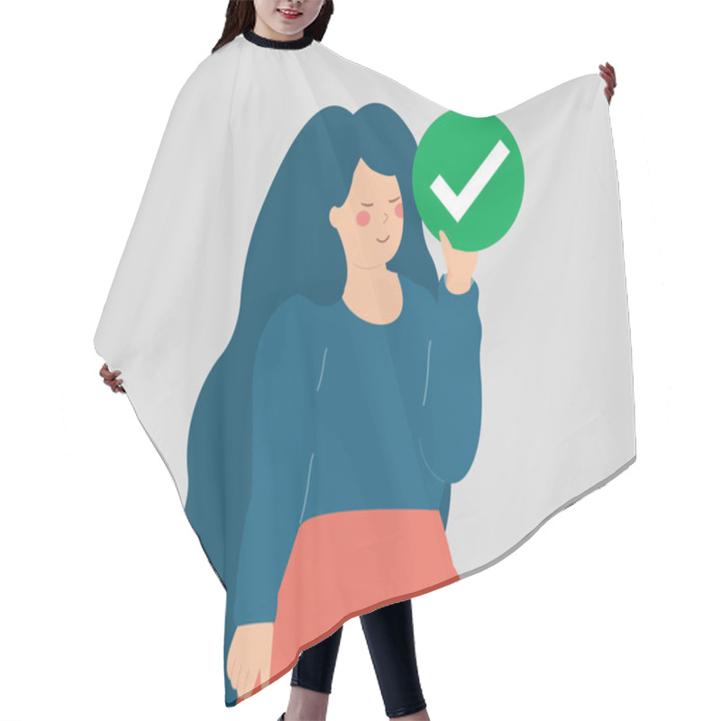 Personality  Young Woman Holds A Circle With Accept Mark. Activist Supports An Idea And Agrees With It By Saying YES. Voting Concept. Vector Illustration Hair Cutting Cape