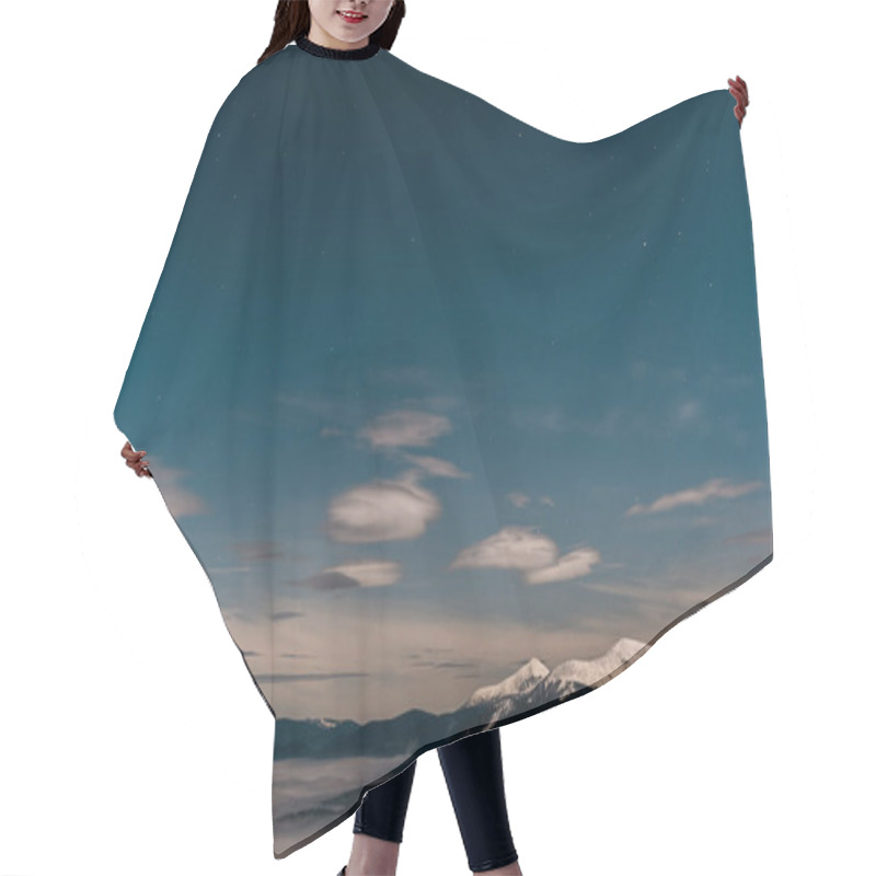 Personality  Scenic View Of Snowy Mountains With White Fluffy Clouds In Evening Hair Cutting Cape