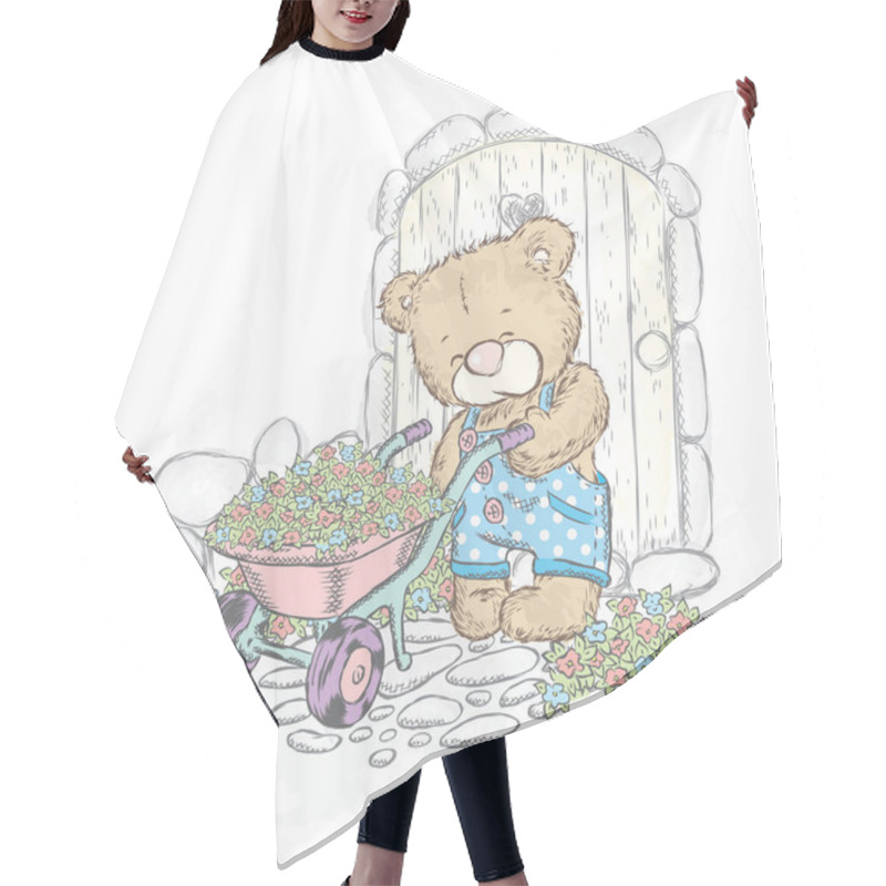 Personality  Cute Bear And Trolley With Seedlings. Vector Illustration For A Card Or Poster. Bear In The Garden. Hair Cutting Cape