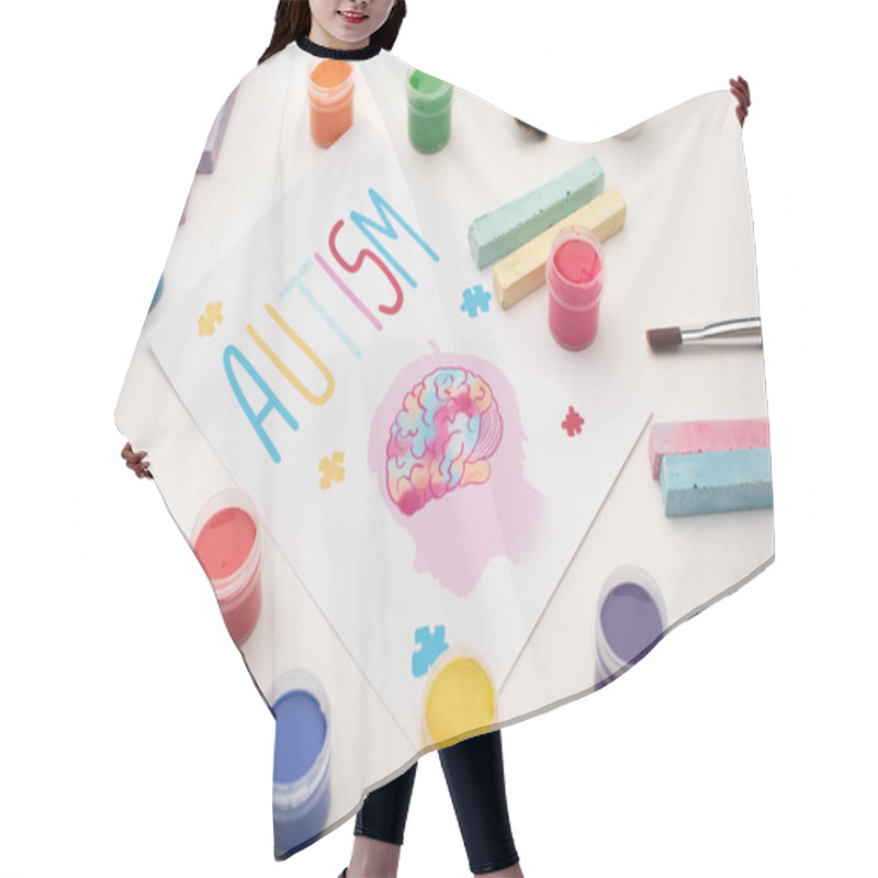 Personality  Card With Autism Word And Painting Of Head With Brain And Puzzle On White With Paint Brushes, Chalks And Paints Hair Cutting Cape