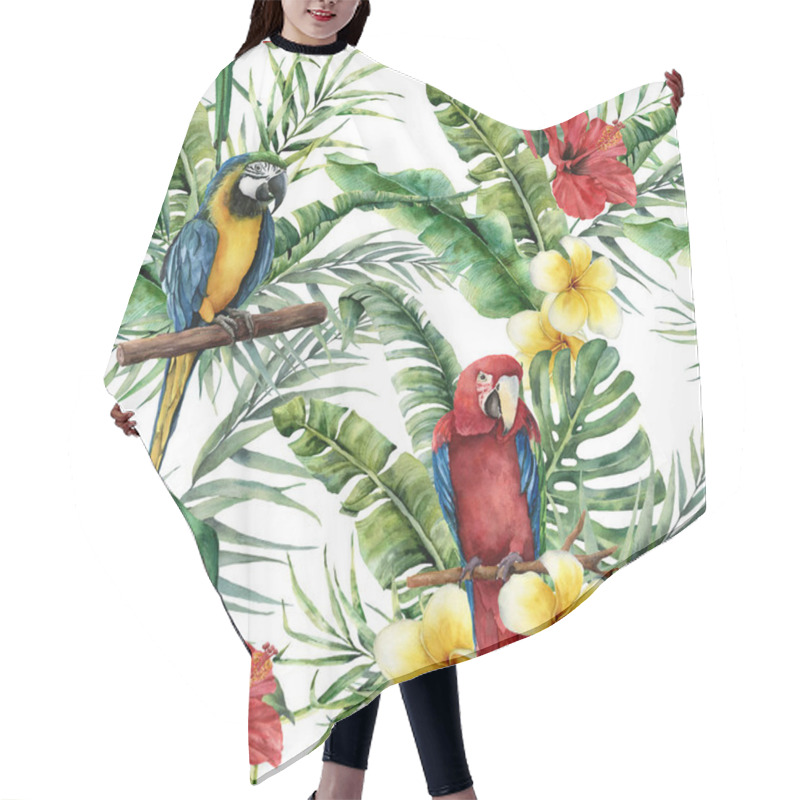 Personality  Watercolor Tropical Seamless Pattern With Tropical Leaves And Parrot. Hand Painted Flowers And Palm Branch On White Background. Botanical Illustration For Design, Print, Fabric Or Background. Hair Cutting Cape