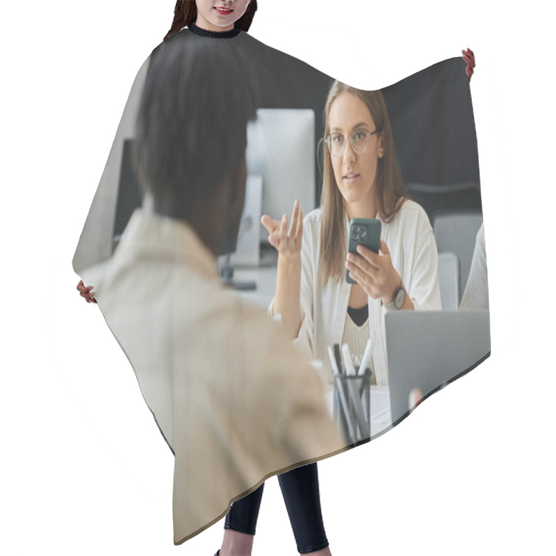 Personality  A Young Woman Presents A Mobile App Idea To Her Team In A Modern Office Setting. Hair Cutting Cape