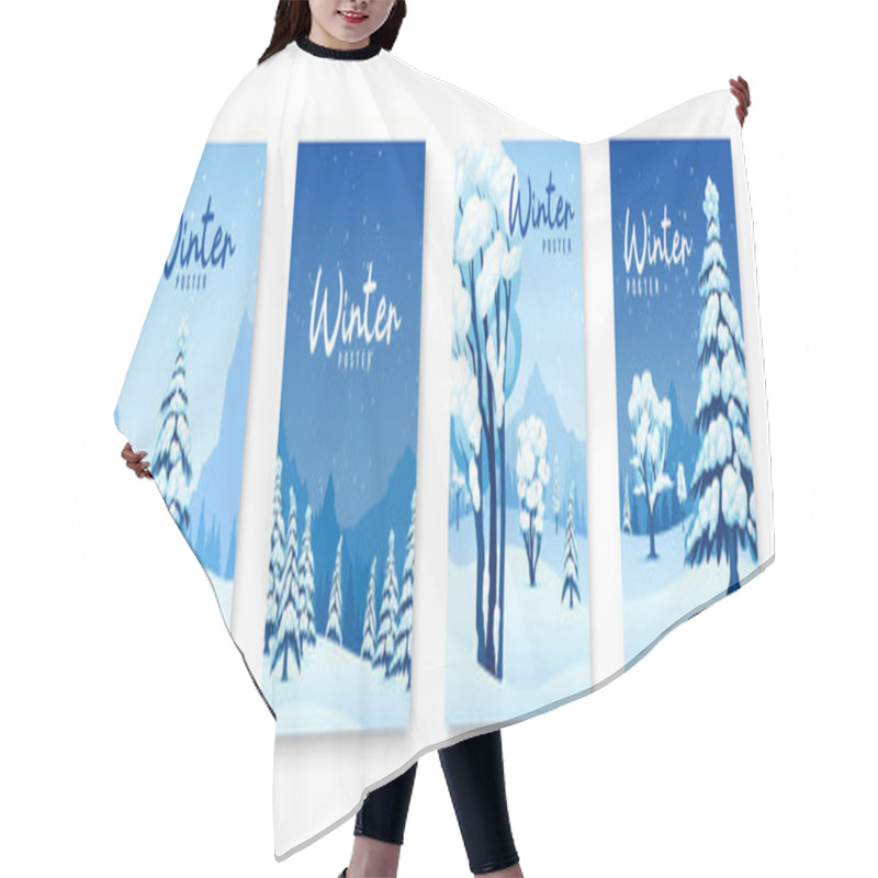 Personality  Winter Posters Blue Set With Snowdrifts And Christmas Trees Isolated Vector Illustration Hair Cutting Cape