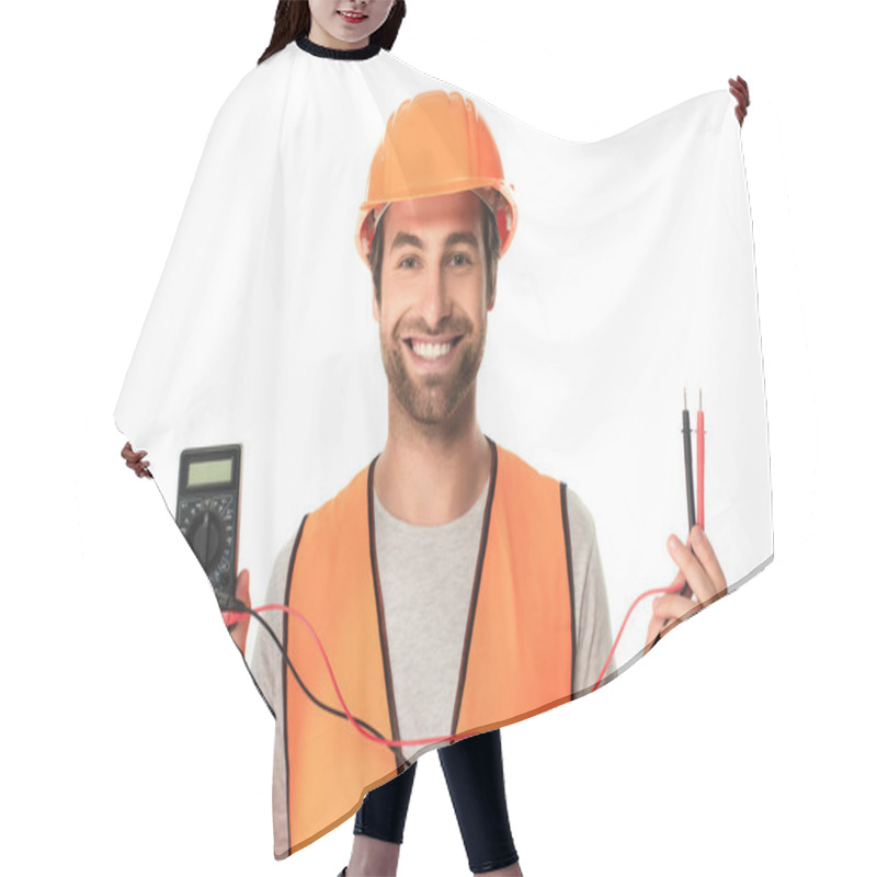 Personality  Smiling Builder Holding Electric Tester Isolated On White  Hair Cutting Cape