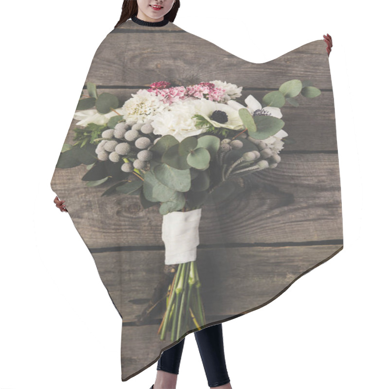 Personality  Top View Of Beautiful Bridal Bouquet On Wooden Surface Hair Cutting Cape