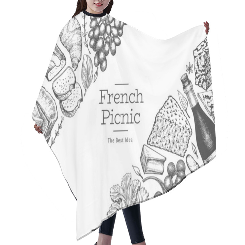 Personality  French Food Illustration Design Template. Hand Drawn Vector Picnic Meal Illustrations. Engraved Style Different Snack And Wine Banner. Retro Food Background. Hair Cutting Cape