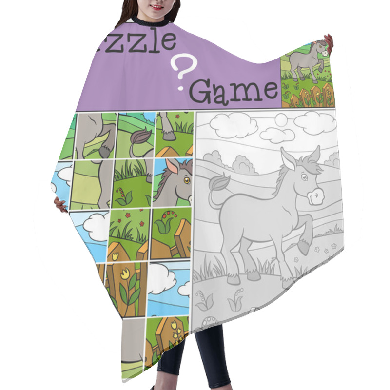 Personality  Children Games: Puzzle. Little Cute Donkey Stands On The Field N Hair Cutting Cape