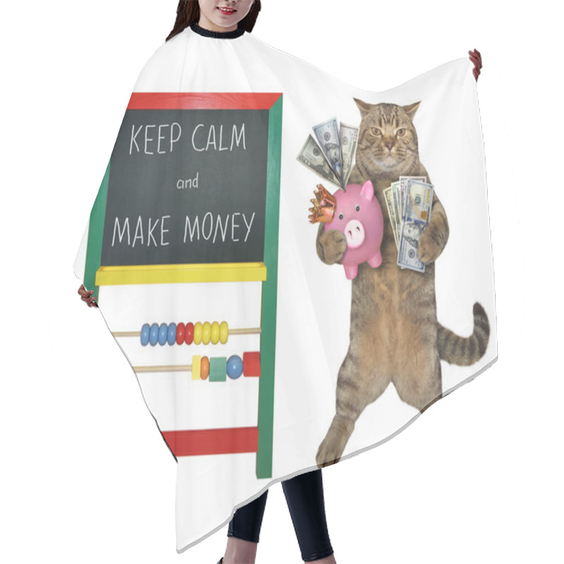 Personality  The Beige Cat Businessman Is Holding A Fan Of Dollars And A Piggy Bank Near A Blackboard With Inscription Keep Calm And Make Money. White Background. Isolated. Hair Cutting Cape