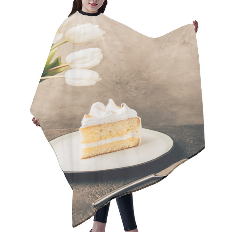 Personality  Close-up View Of Delicious Piece Of Cake With Whipped Cream And Beautiful White Tulips Hair Cutting Cape