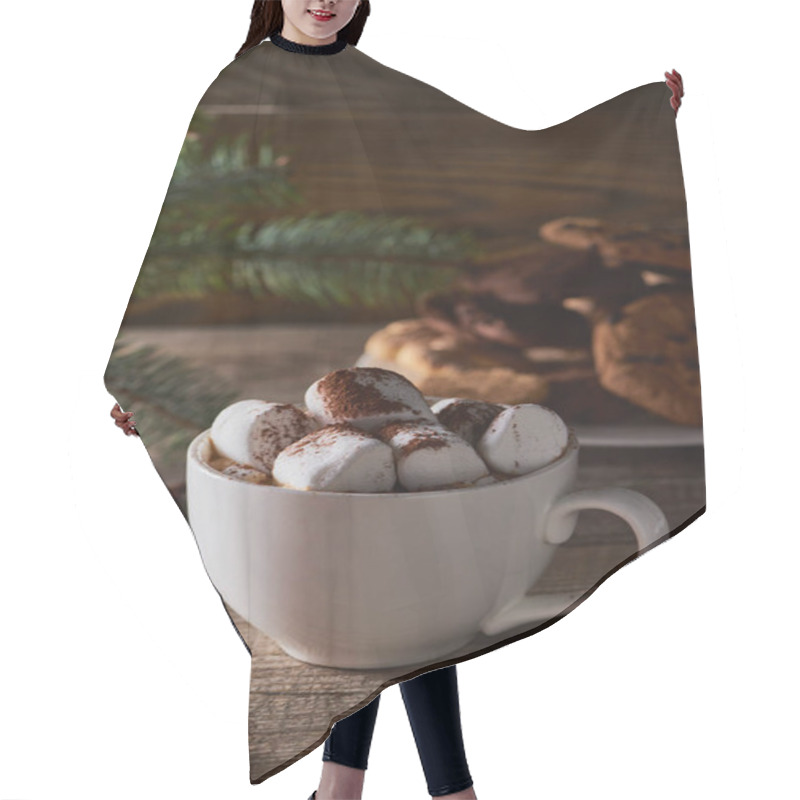 Personality  Selective Focus Of Christmas Cacao With Marshmallow On Wooden Table Hair Cutting Cape