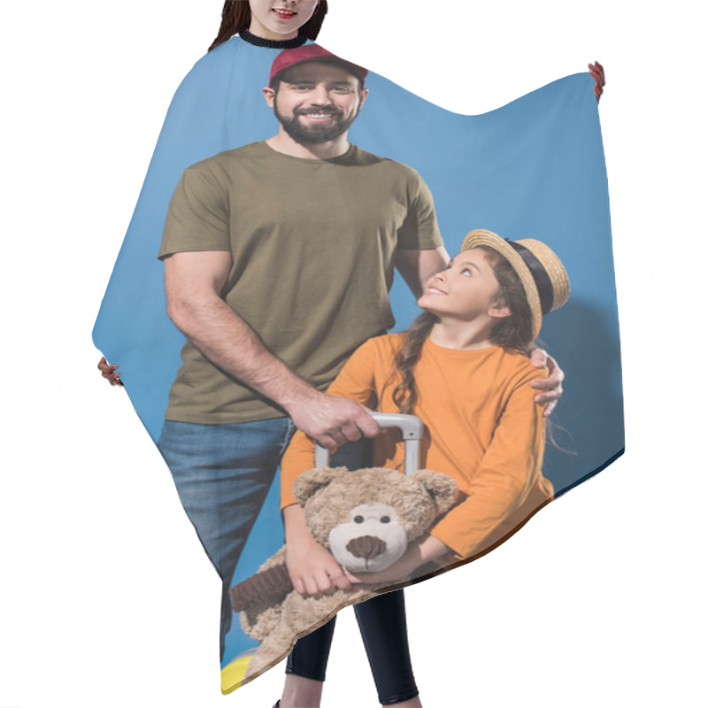 Personality  Father And Daughter Standing With Luggage And Teddy Bear On Blue Hair Cutting Cape