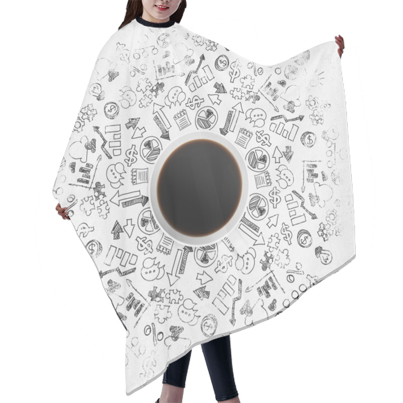 Personality  Top View Of A Coffee Cup And A Lot Of Business Icons And Charts On The White Surface. Hair Cutting Cape