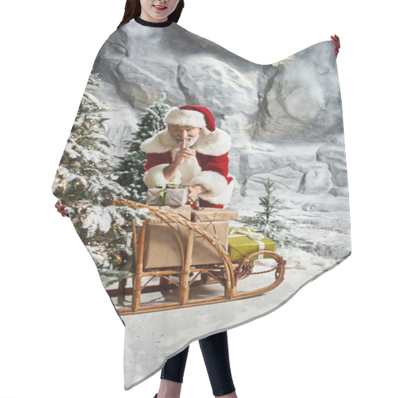 Personality  Santa Claus Quietly Organizes Wrapped Presents While Surrounded By A Magical Winter Landscape. Hair Cutting Cape