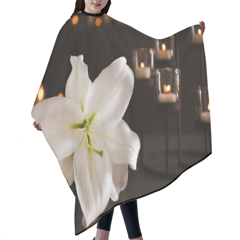 Personality  White Lily And Burning Candles On Table Against Blurred Background. Funeral Symbol Hair Cutting Cape