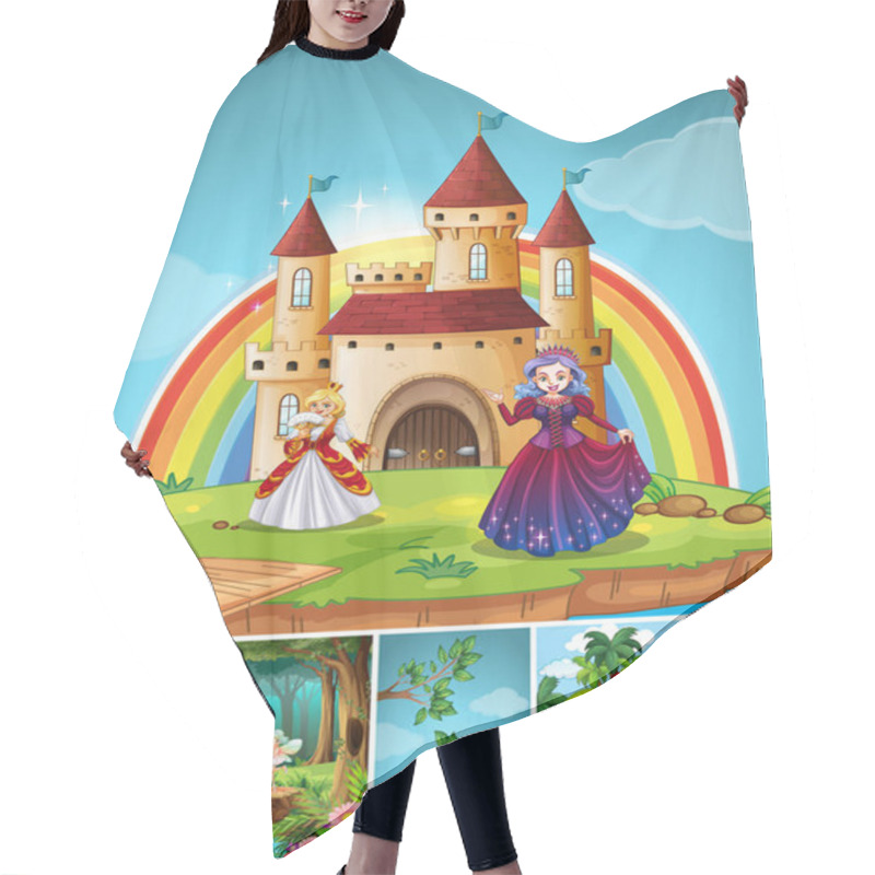 Personality  Four Different Scene Of Fantasy World With Fantasy Places And Fantasy Characters Illustration Hair Cutting Cape