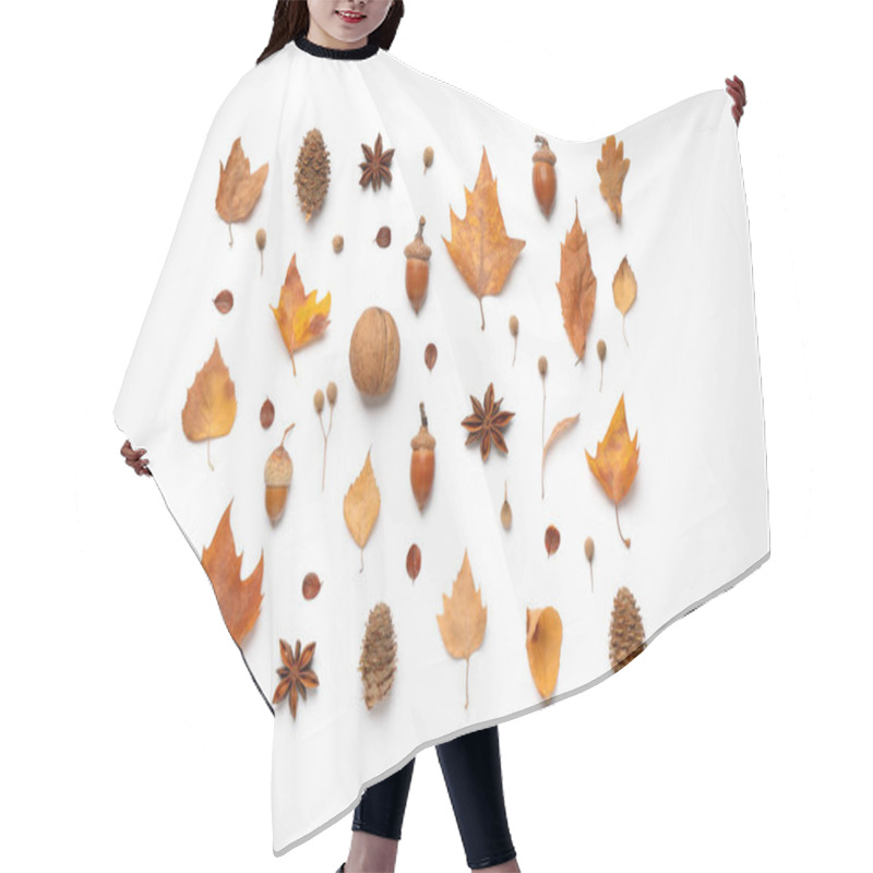 Personality  Flat Lay Composition With Autumn Leaves On White Background Hair Cutting Cape