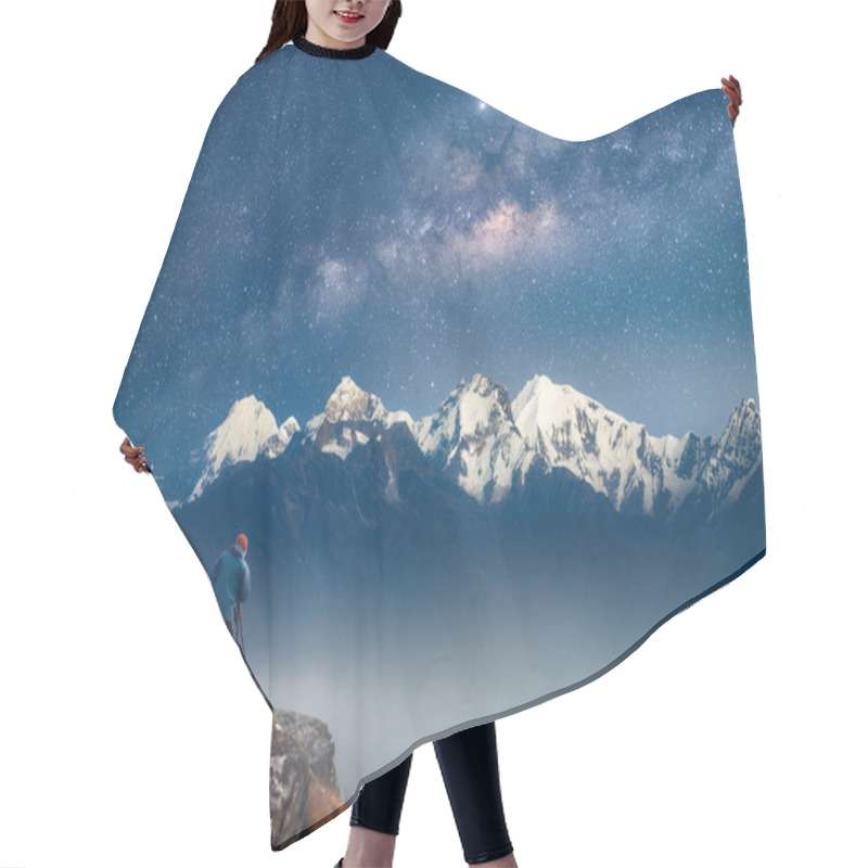 Personality  Photographer Traveler Take A Picture Of Galaxy In Mountains The Himalayas. Nepal Hair Cutting Cape