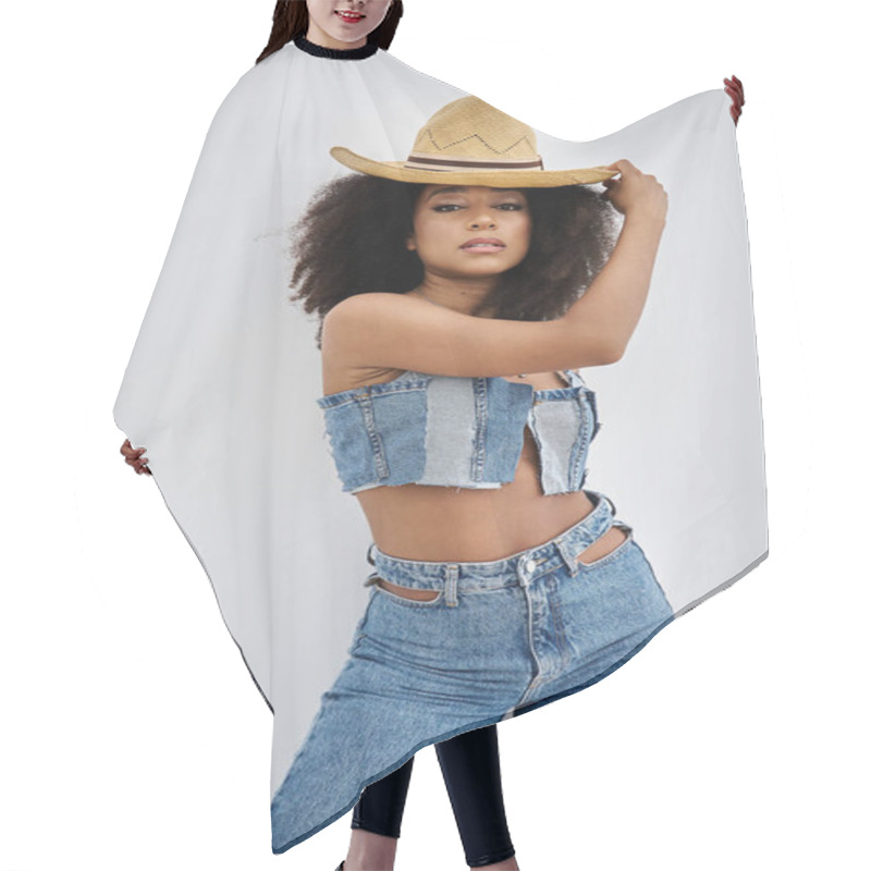 Personality  A Beautiful Young Woman Showcases Her Fashionable Style With Denim And A Straw Hat. Hair Cutting Cape