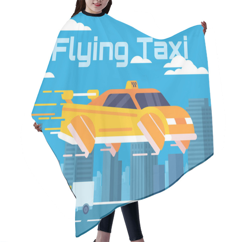 Personality  Cartoon Illustration Of A Flying Taxi In A Big City Hair Cutting Cape