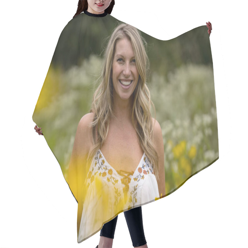 Personality  A Beautiful Blonde Model Strolls Through A Field Of Vibrant Yellow Flowers, Striking Poses For Portraits. The Late Summer Sun Casts A Warm Glow Over The Scene, Highlighting Her Grace And Natural Beauty. Hair Cutting Cape