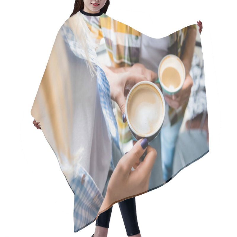 Personality  Cropped View Of Man And Woman Holding Cups With Cappuccino Hair Cutting Cape