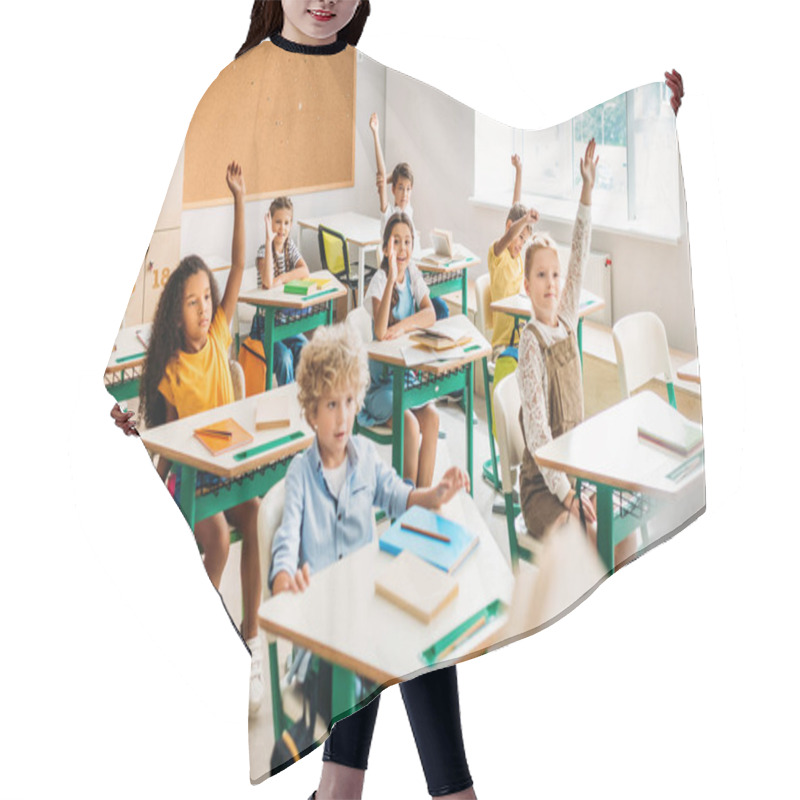 Personality  Group Of Pupils Raising Hands To Answer Question During Lesson At Classroom Hair Cutting Cape