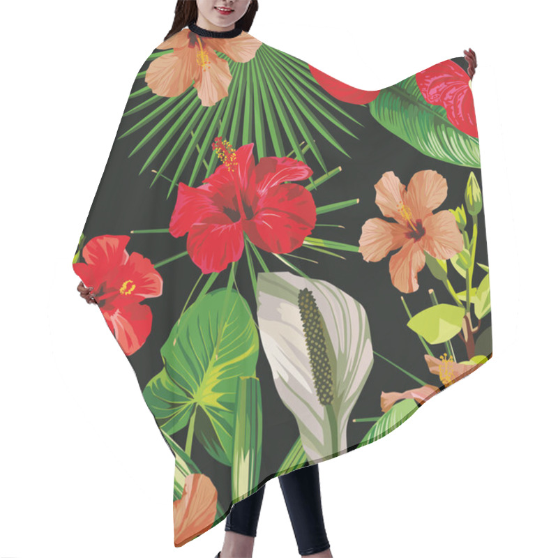 Personality  Red Flowers Leaves Black Background Seamless Hair Cutting Cape