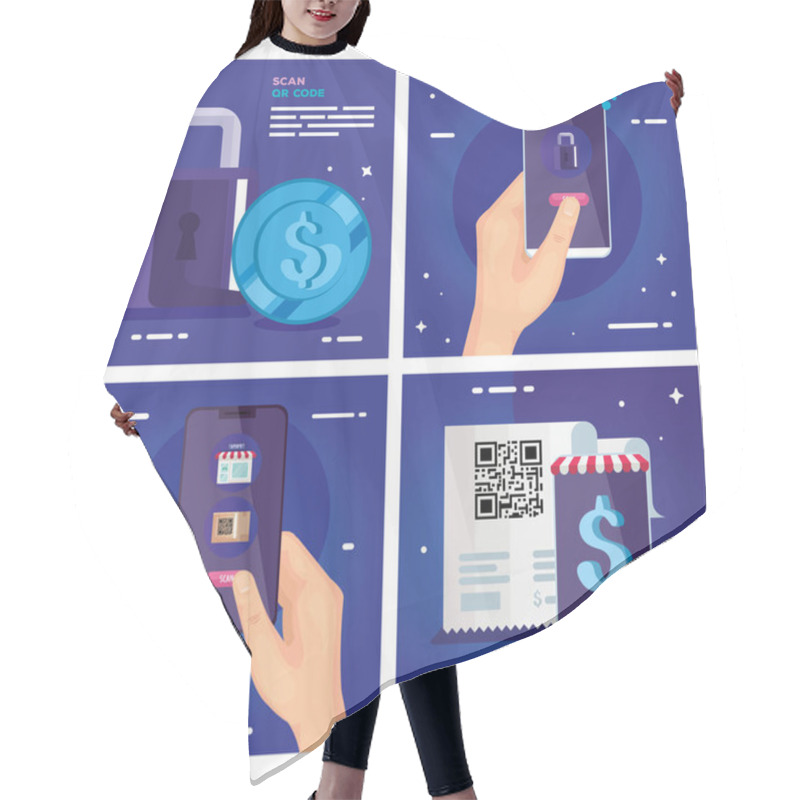 Personality  Qr Code Paper Smartphones Padlock And Coin Vector Design Hair Cutting Cape