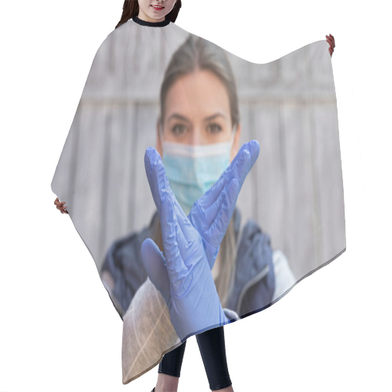 Personality  Young Caucasian Woman With Surgical Mask And Gloves Showing An X Sign With Hands Outdoo Hair Cutting Cape