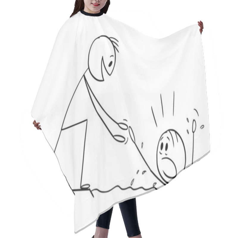 Personality  Person Is Drowning, Giving Help, Vector Cartoon Stick Figure Or Character Illustration. Hair Cutting Cape