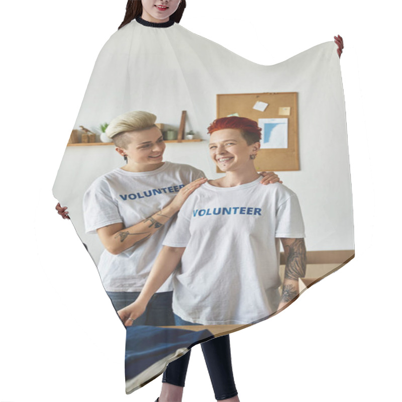 Personality  Two Women In Volunteer T-shirts Standing United In A Room, Working Together For A Cause They Believe In. Hair Cutting Cape