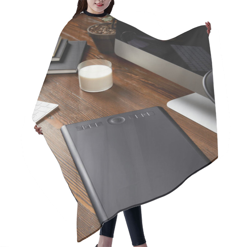 Personality  Close Up View Of Graphic Designer Workplace With Graphic Tablet, Glass Of Milk And Notebooks On Wooden Tabletop Hair Cutting Cape