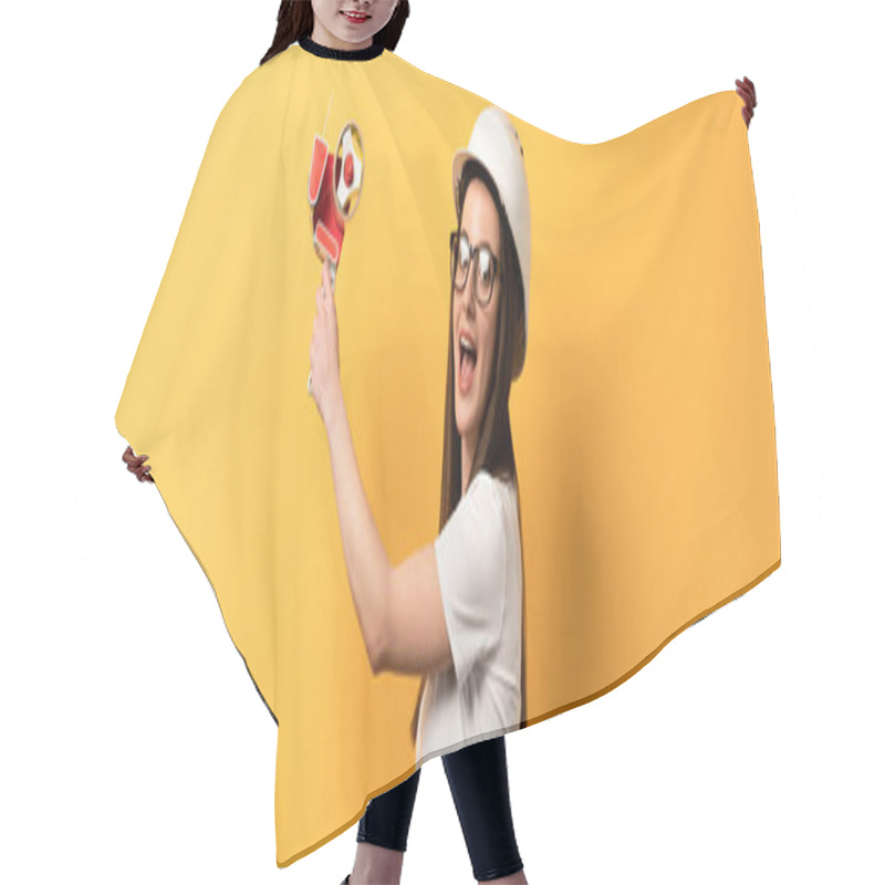 Personality  Panoramic Shot Of Shocked Handywoman Holding Tape Dispenser On Yellow Background  Hair Cutting Cape