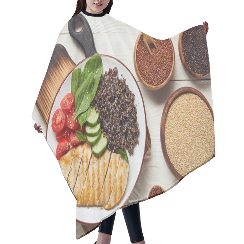 Personality  Top View Of Cooked Quinoa With Grilled Chicken Breast And Vegetables On White Wooden Table With Raw Dry Seeds In Bowls Hair Cutting Cape