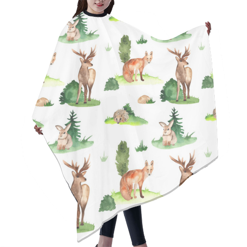 Personality  Forest Animals In The Meadow And Trees On A White Background. Watercolor Seamless Pattern Hair Cutting Cape