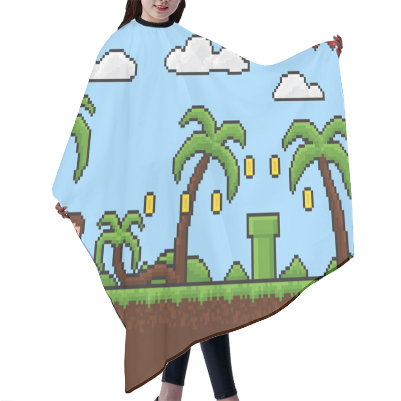 Personality  Old Style Pixel Game , Tropical Adventure 8bit Vector Illustration Hair Cutting Cape