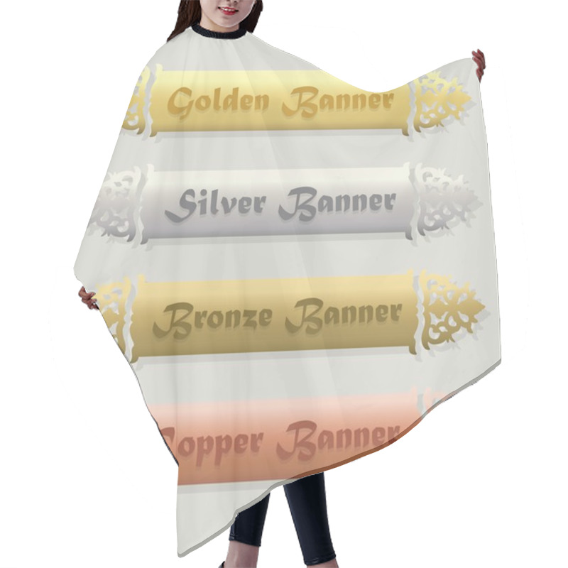 Personality  Beautiful Golden, Silver, Bronze, And Copper Floral Beveled Banners Set On Modern Gray Background Hair Cutting Cape