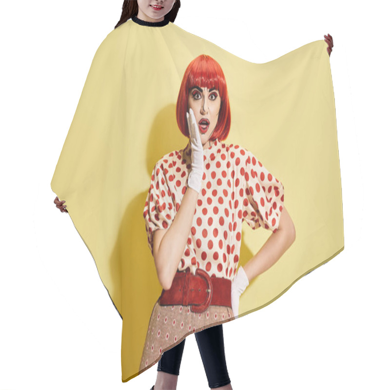 Personality  A Vibrant Redhead With Pop Art Makeup And A Polka Dot Blouse Against A Yellow Backdrop. Hair Cutting Cape