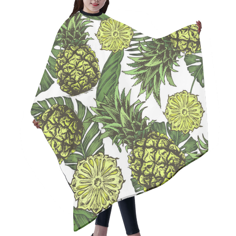 Personality  Card For Eco Store With Pineapples And Palm Leaves. Hair Cutting Cape