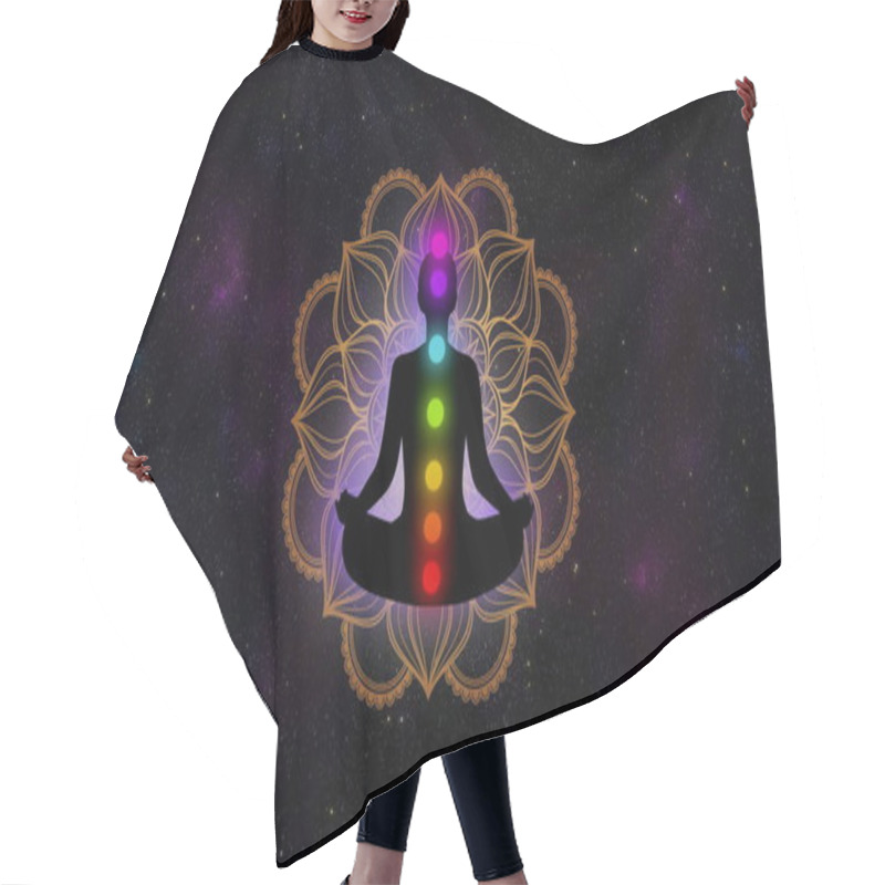 Personality  Abstract Meditation Man With Seven Chakras And Luxury Mandala In The Galaxy Illustration Design Background. Hair Cutting Cape