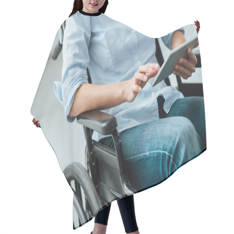 Personality  Woman In Wheelchair Using A Tablet Hair Cutting Cape