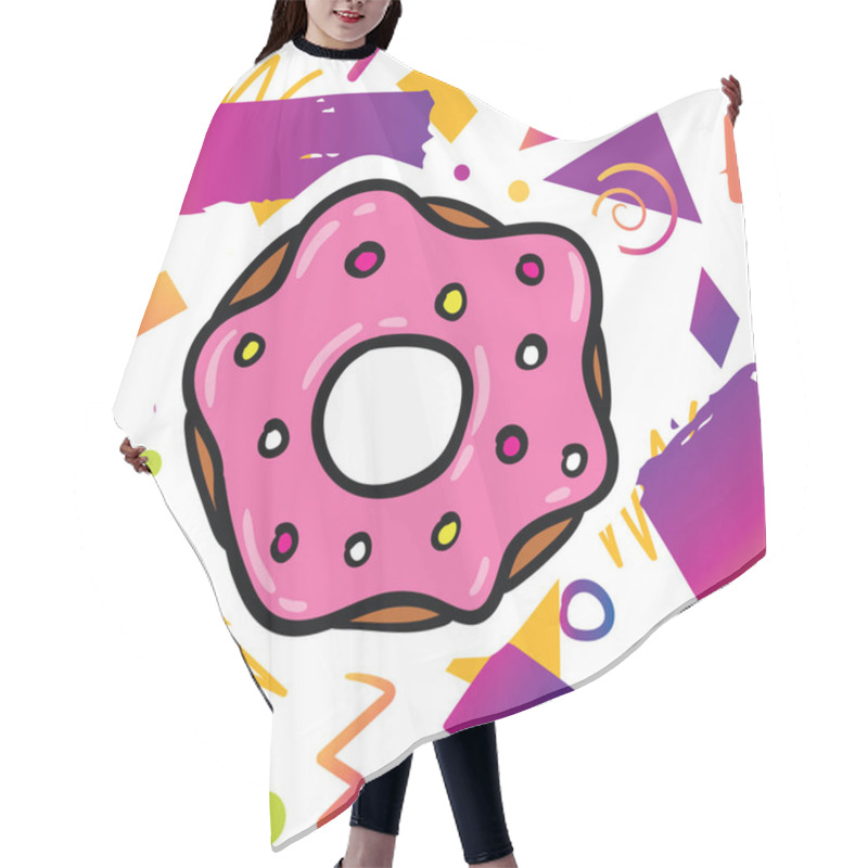 Personality  Trendy Card Prind Design With Tasty Sweet Pink Donut On Hipster Memphis Style Background Pattern. Cartoon Style Design Concept Hair Cutting Cape