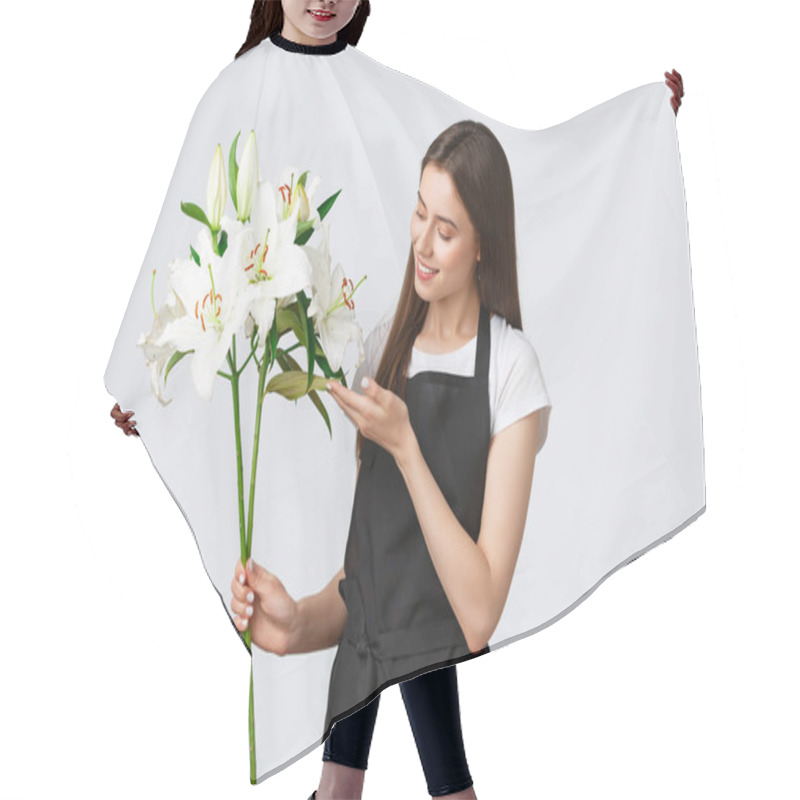 Personality  Shopping, Employees And Small Business Concept. Cute Tender Florist In Floral Shop Making Perfect Bouquet Of White Lilies, Touching Leaf And Smiling Happy, Processing Online Order, Deliver Flowers Hair Cutting Cape