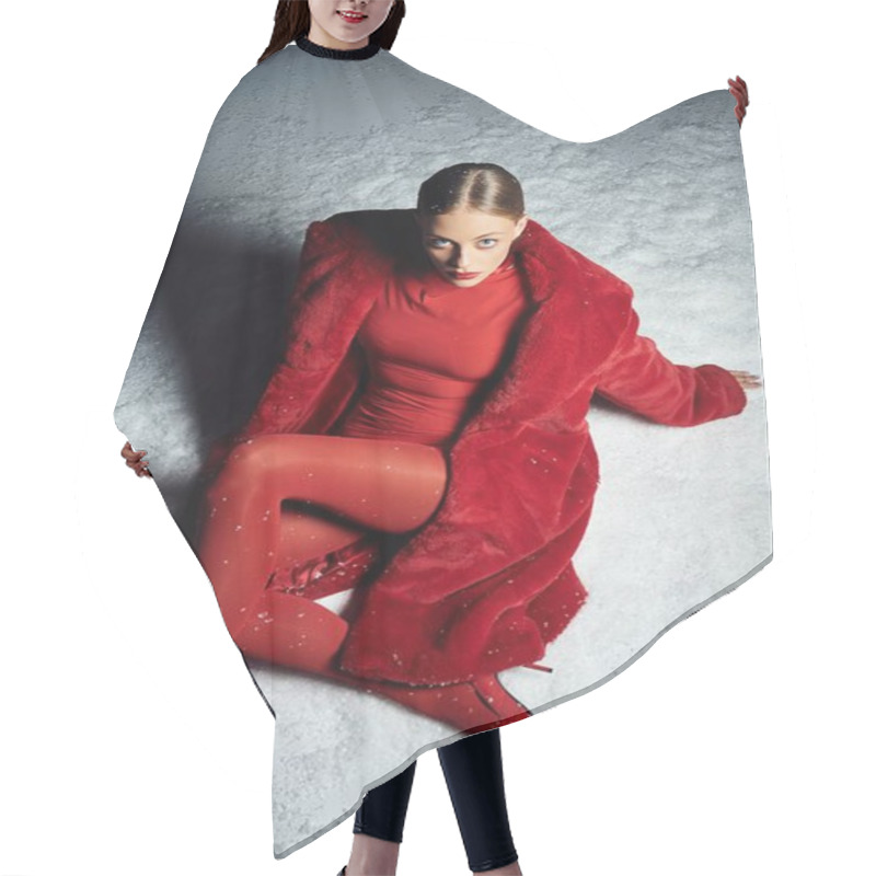 Personality  Radiating Confidence, A Young Woman Adorns A Chic Red Ensemble In A Snowy Nighttime Setting. Hair Cutting Cape