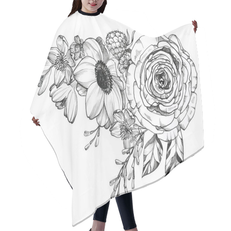 Personality  Black Ink Tattoo Hand Drawn Bouquet Hair Cutting Cape