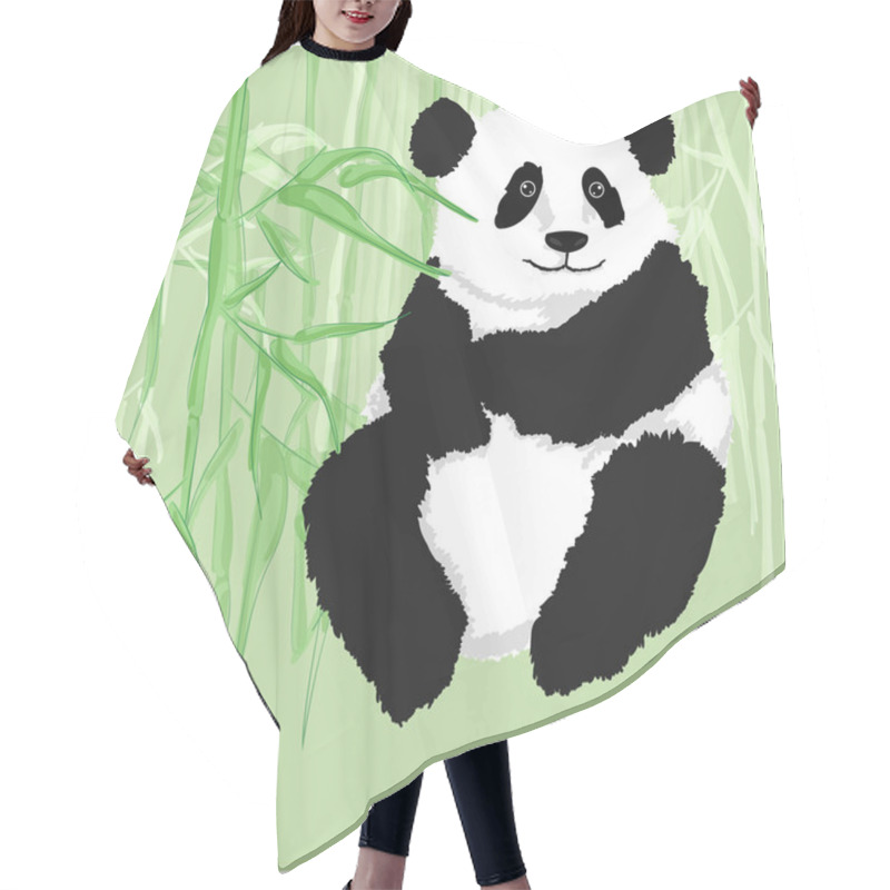 Personality  Panda Sitting,with Bamboo Forest As Background. Hair Cutting Cape