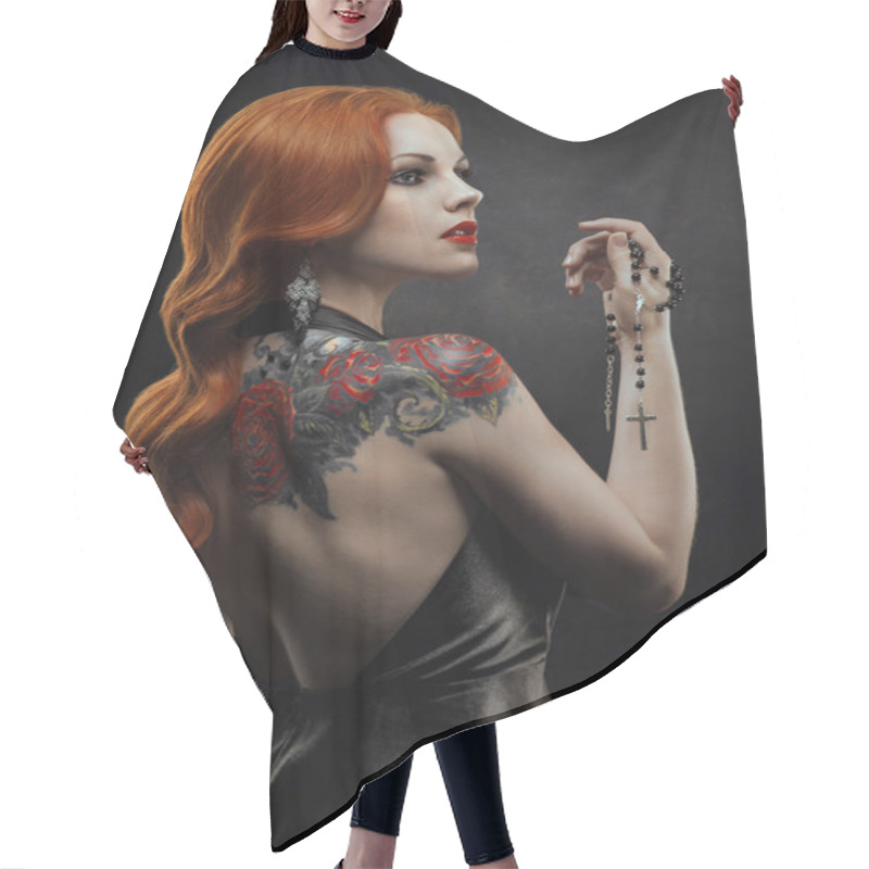 Personality  : Posh Redhead Woman In Black Dress Hair Cutting Cape