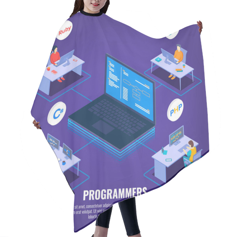 Personality  Programming Isometric Web Banner Vector Template. Coding Languages, Software Development Tools Courses 3d Concept Illustration For Social Media Post. Programmers, Developers And Coders Team Hair Cutting Cape