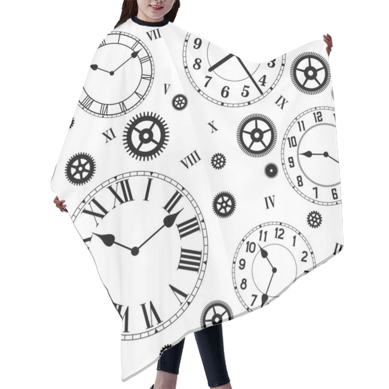 Personality  Clocks And Gears Vector Seamless Pattern. Hair Cutting Cape